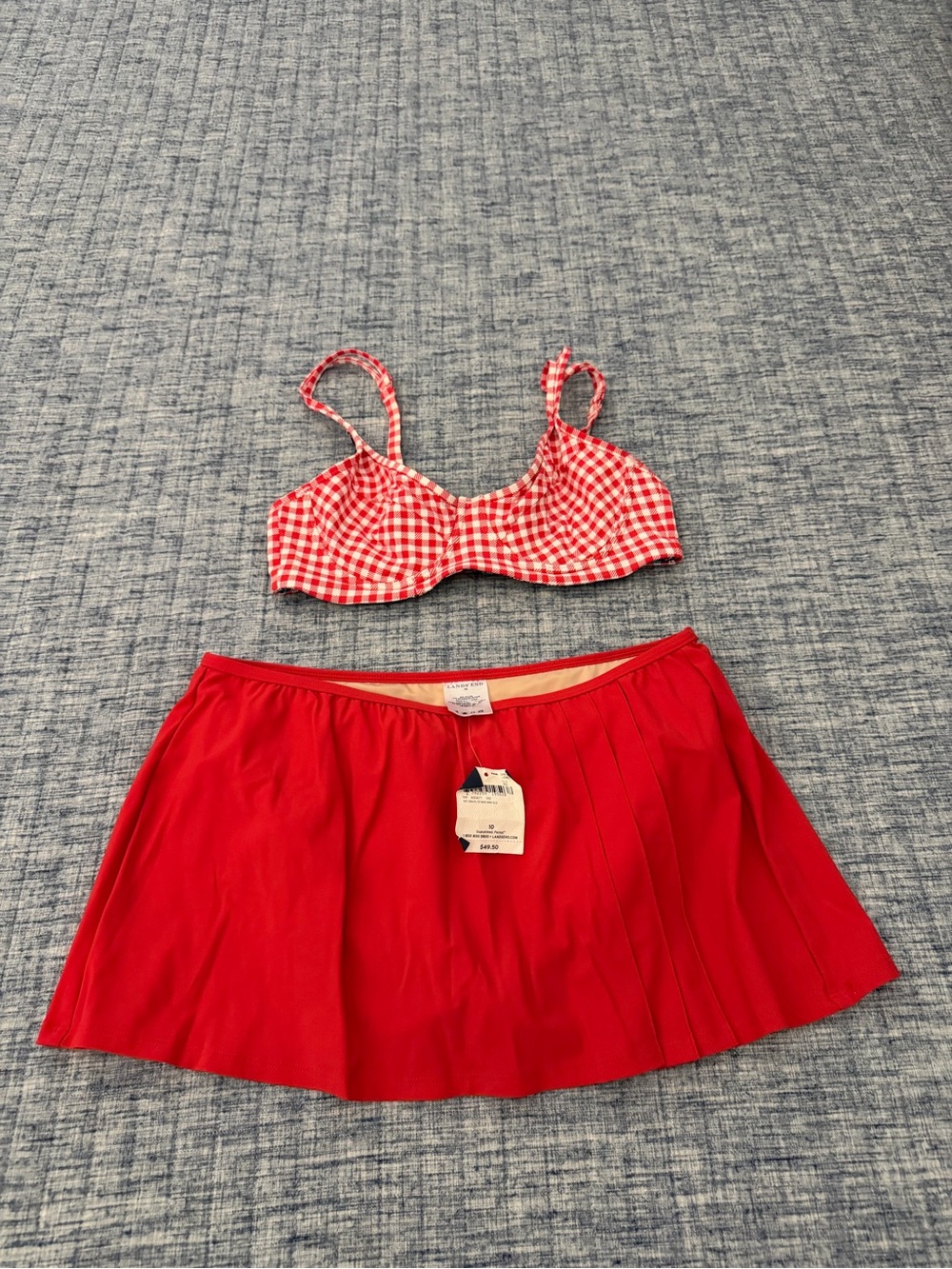 Lands' End Red Gingham Bikini Top with Solid Red Swim Skirt